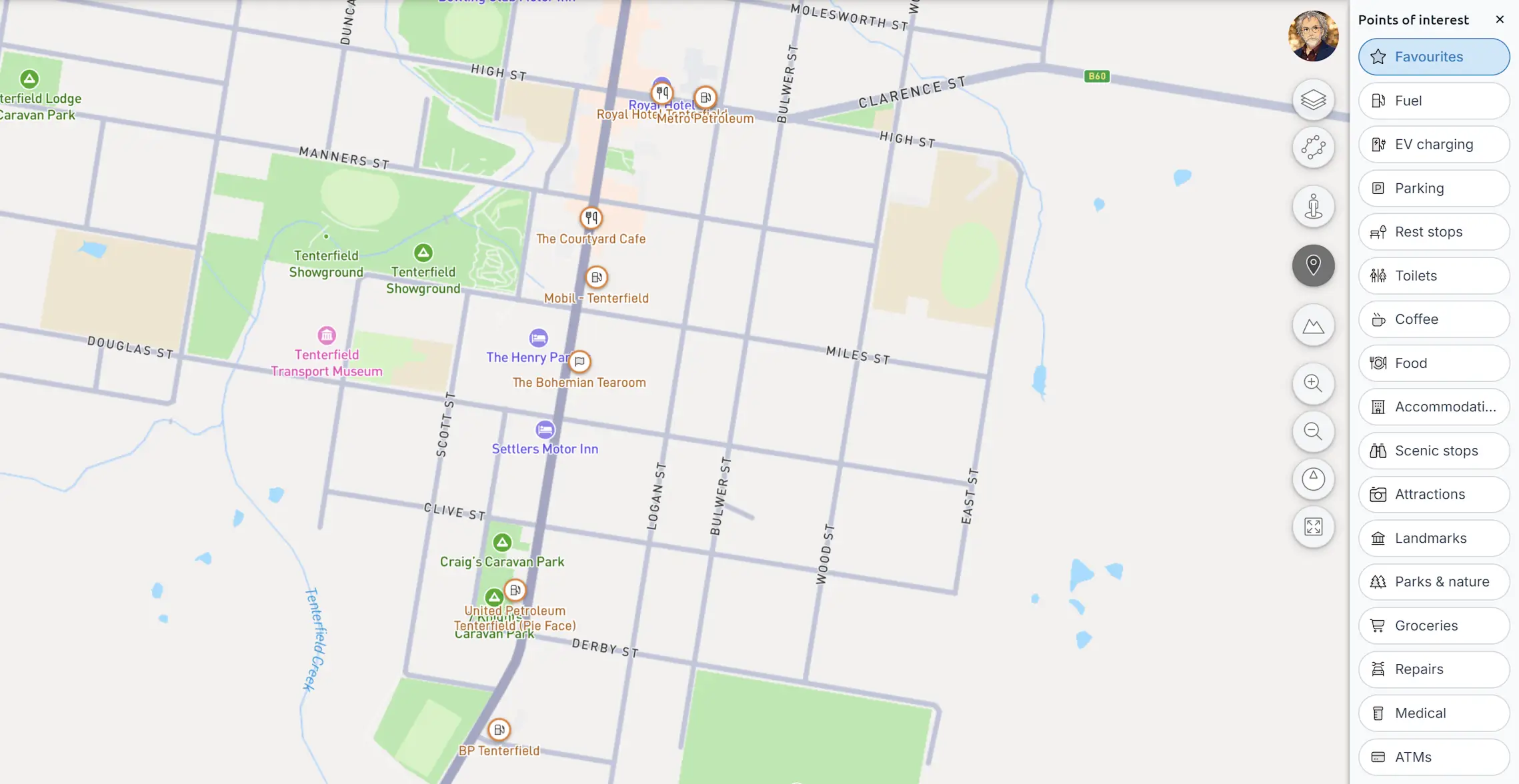 Favorite places shown as orange markers on the map