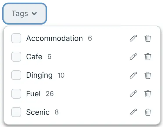 Dropdown zum Filtern nach Tags mit verfügbaren Tags und Kontrollkästchen