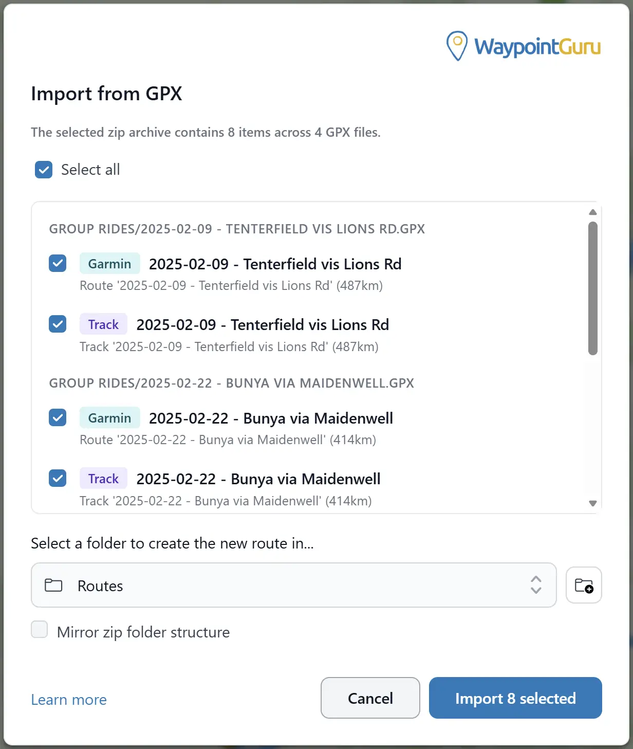 Dialog Routen oder Tracks importieren mit auswählbaren Einträgen aus einer GPX-Datei