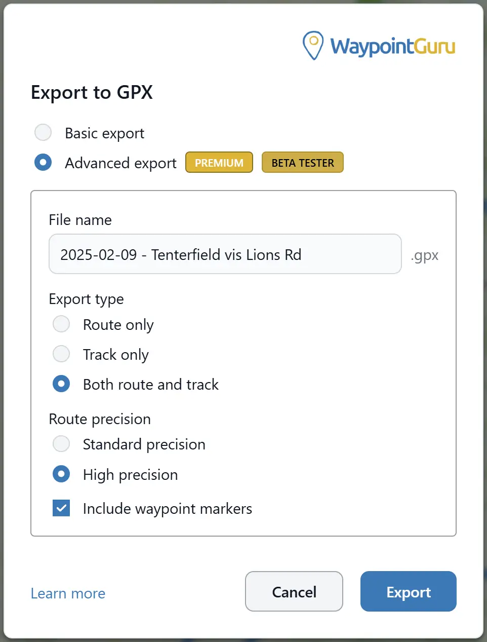 Boîte de dialogue Exporter en GPX affichant les options d’export avancé