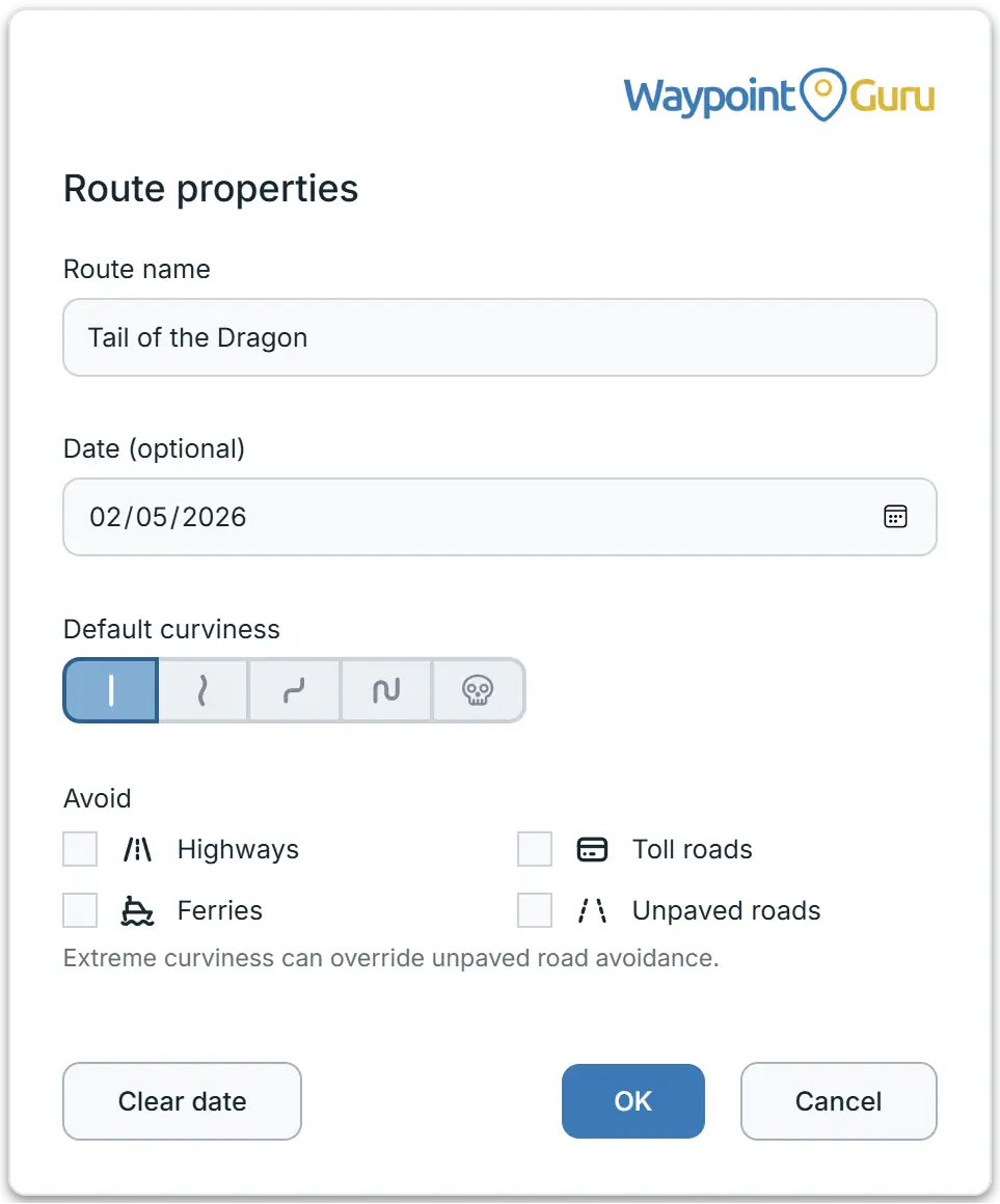 Route properties dialog showing the route name, optional date, default curviness, and avoid settings