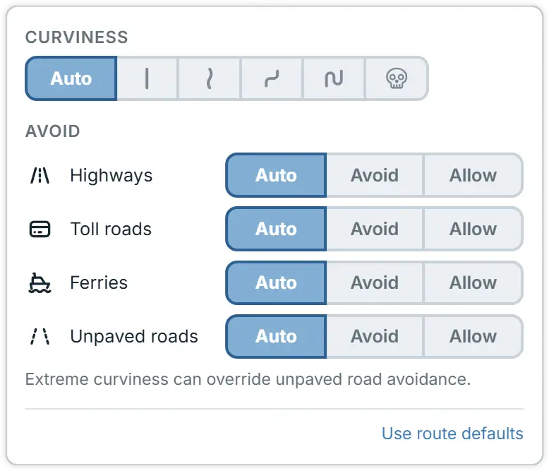 Section options panel showing the curviness selector and the avoid settings for each road type