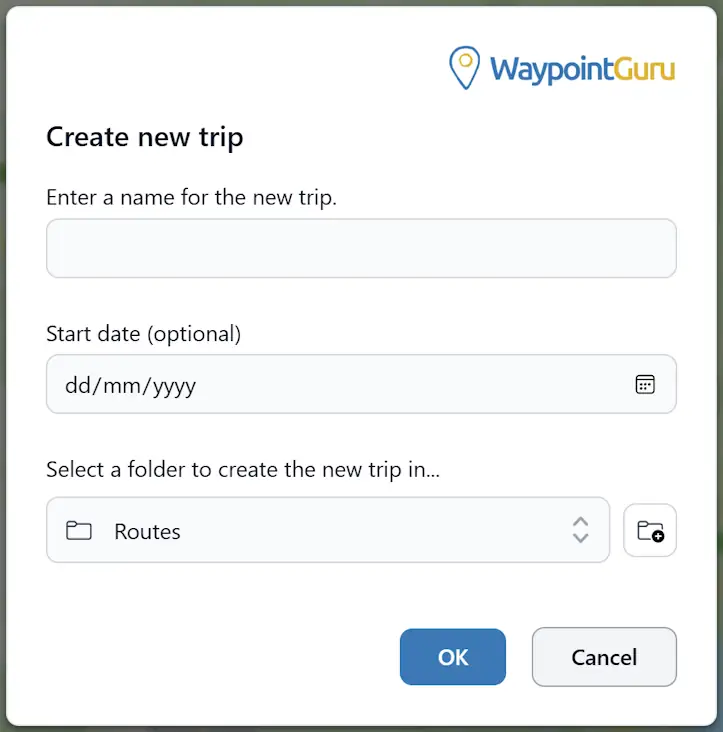 Create new trip dialog with trip name and optional start date