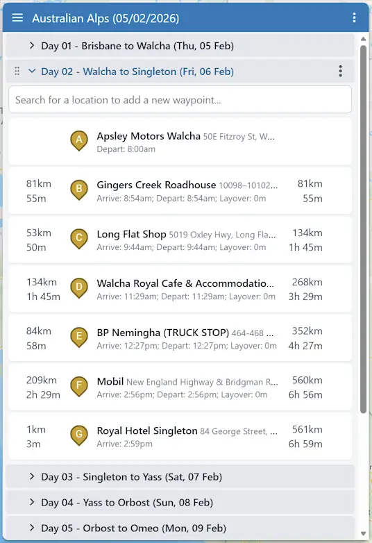 Trip day list with one active expanded day and collapsed days above and below it