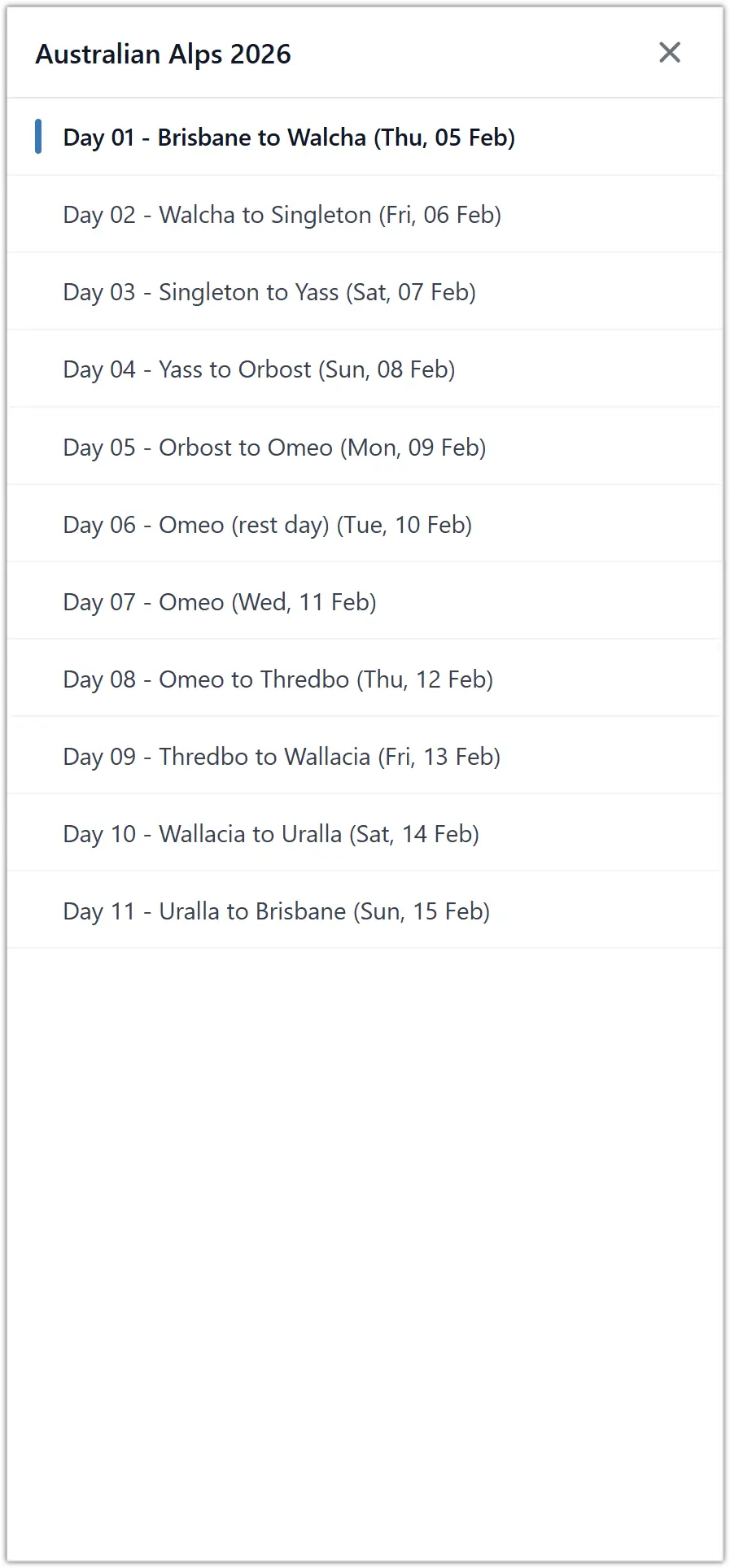 Mobile trip day picker showing the trip day list with the selected day highlighted
