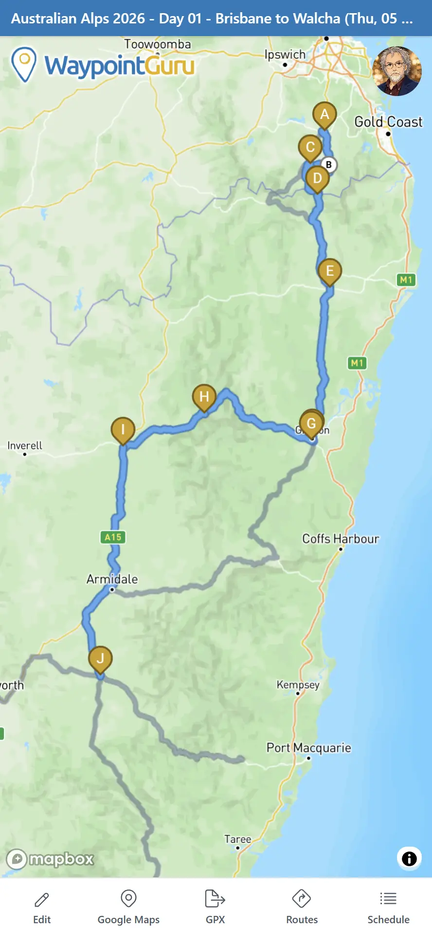 Mobile trip open with the blue trip bar and selected day route on the map