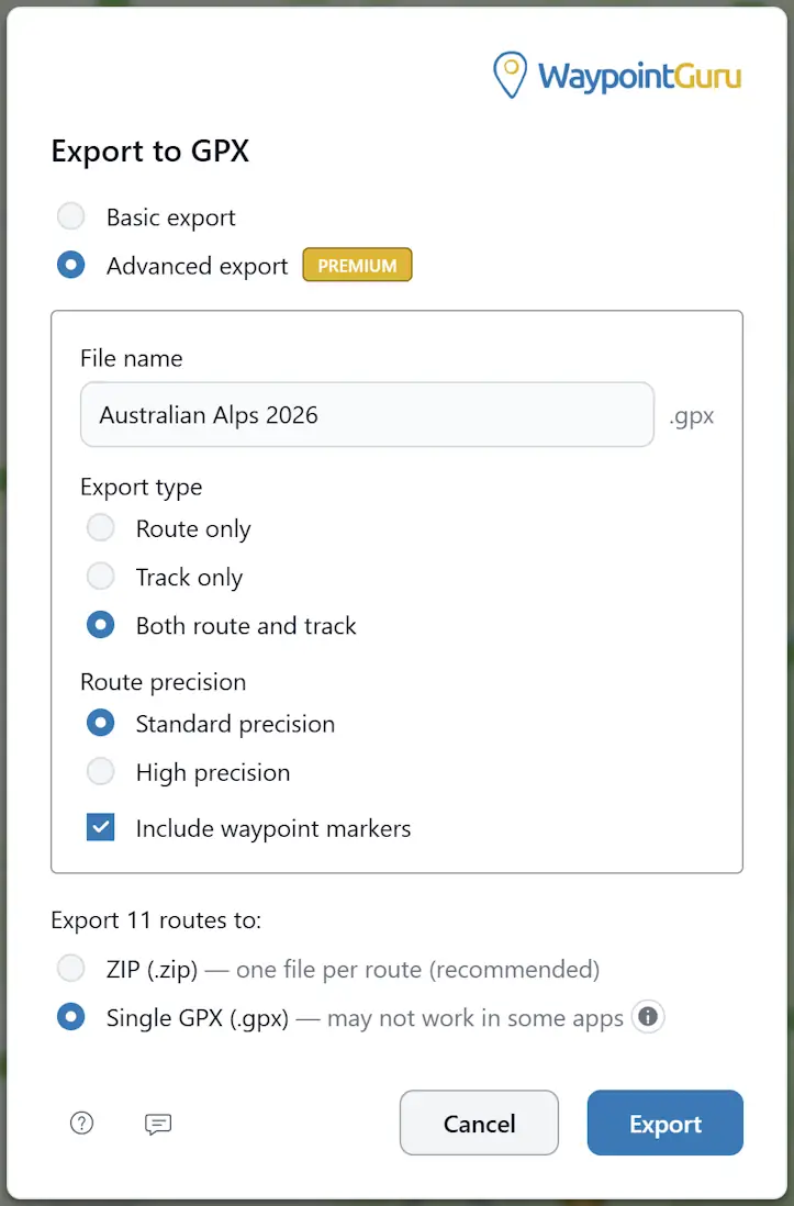 Export trip GPX dialog