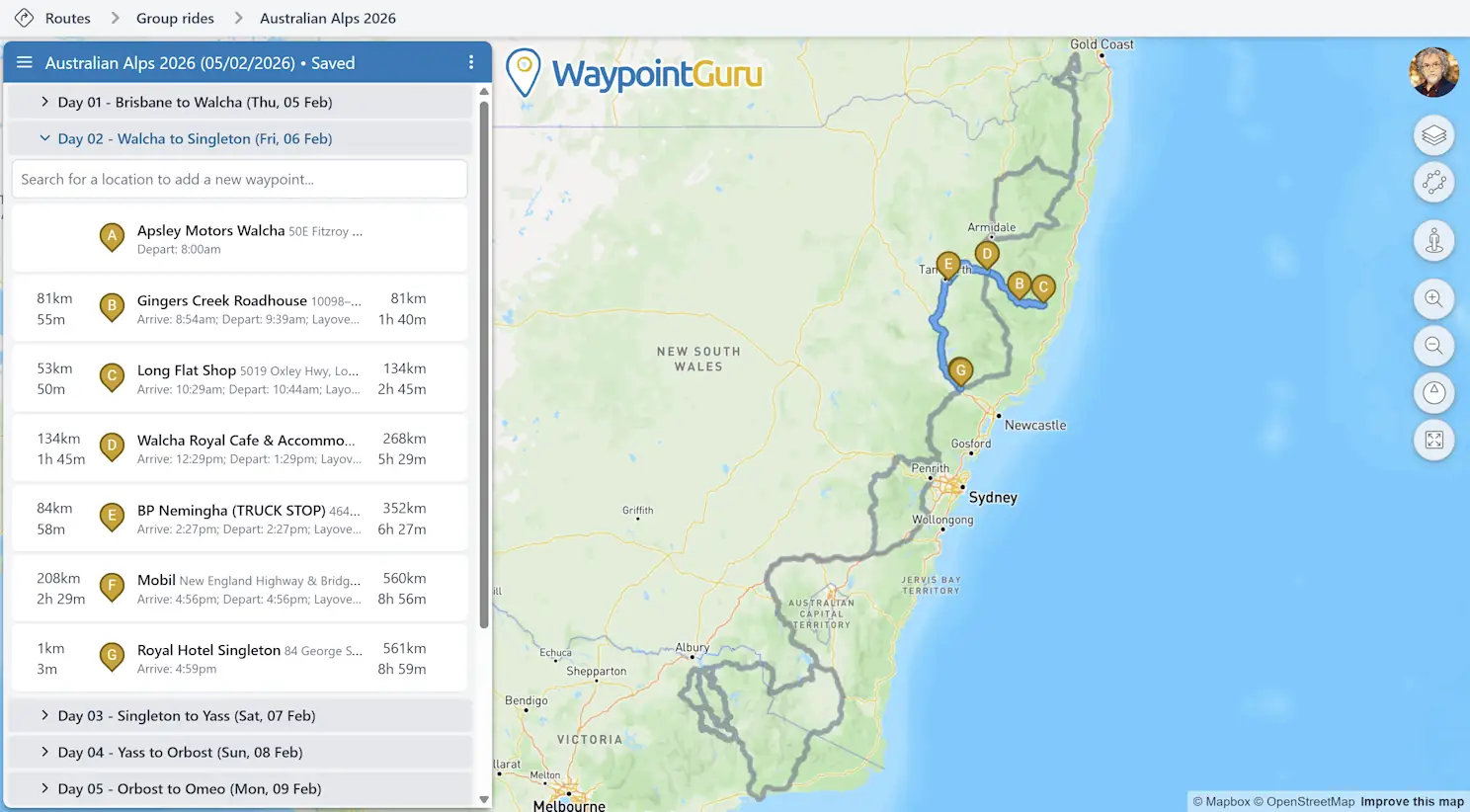 Open trip showing multiple day sections and the active day route