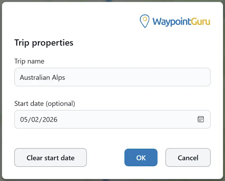 Trip properties dialog showing trip name and start date