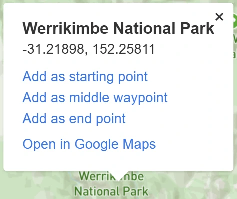 Map popup for adding a via point